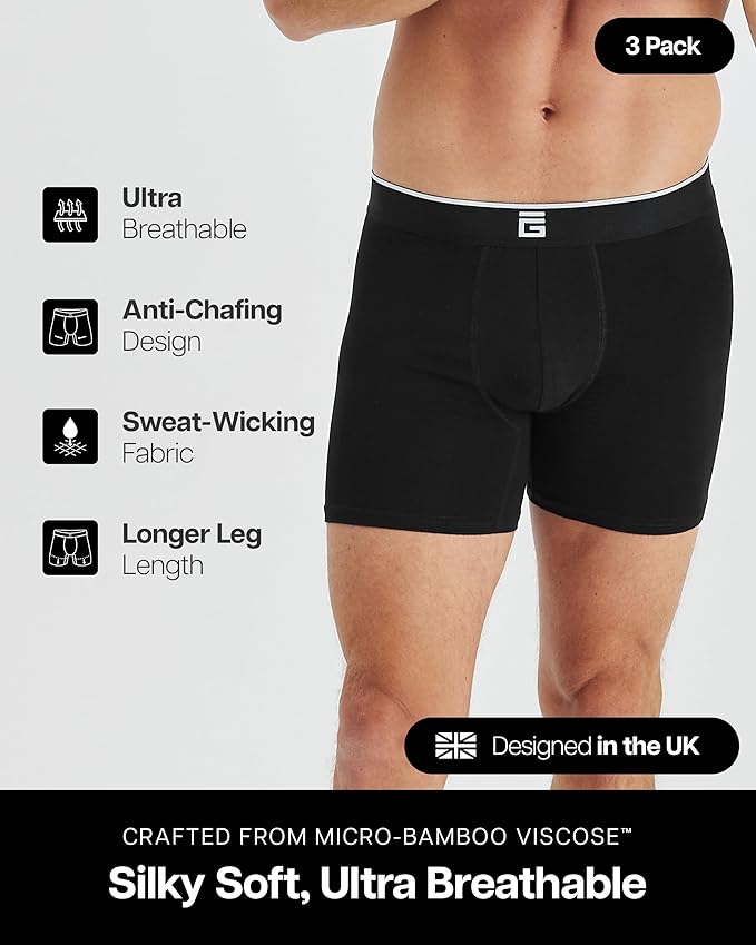 Mens Boxers Bamboo Anti Chafing Briefs Longer Leg - 3 Pack